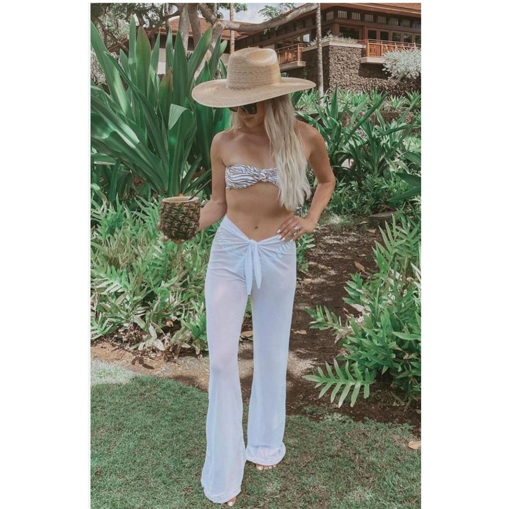 12th Tribe‎ White Mesh Wide Leg Tie Front Beach Cover Up Pants One Size NWT